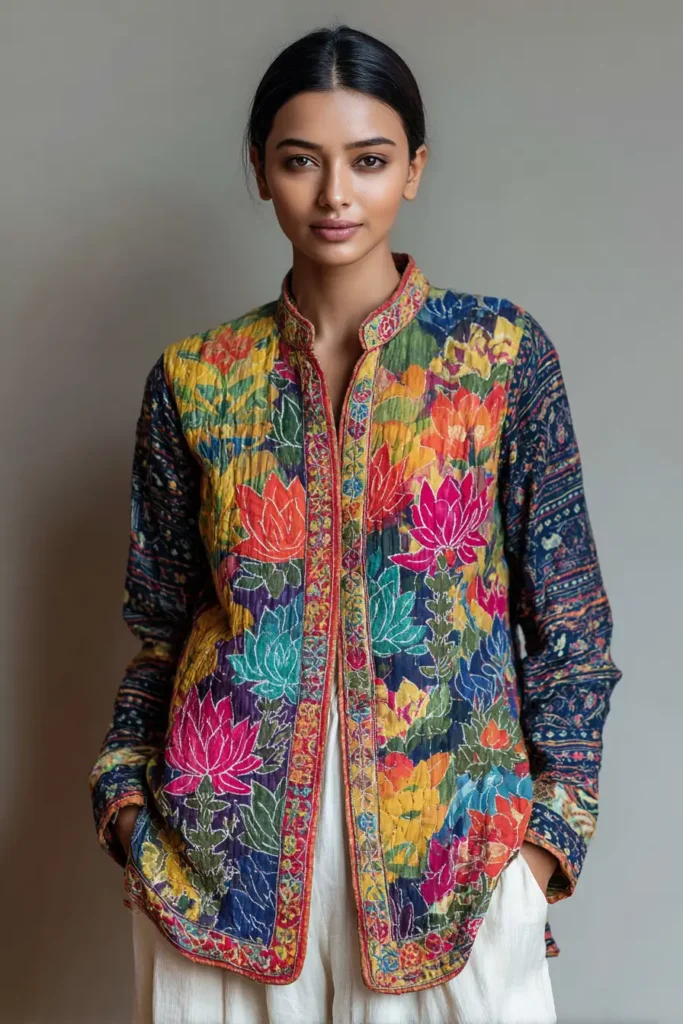 Classic Button-Down Nakshi Kantha Shirts with Lotus Motif Embroidery