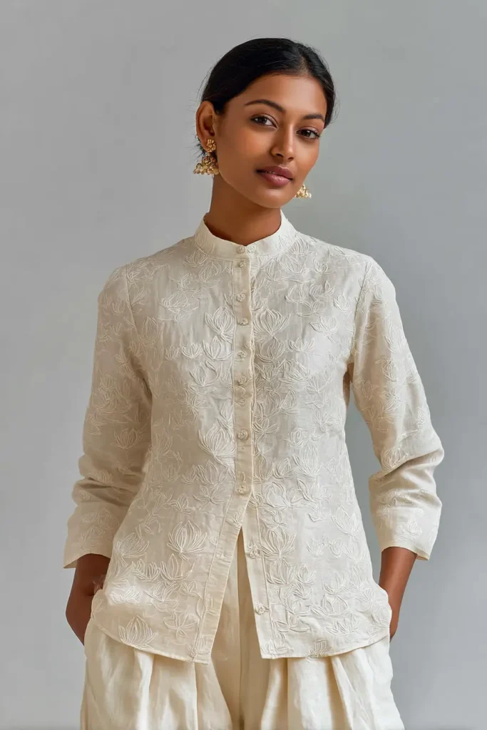 Classic Button-Down Nakshi Kantha Shirts with Lotus Motif Embroidery