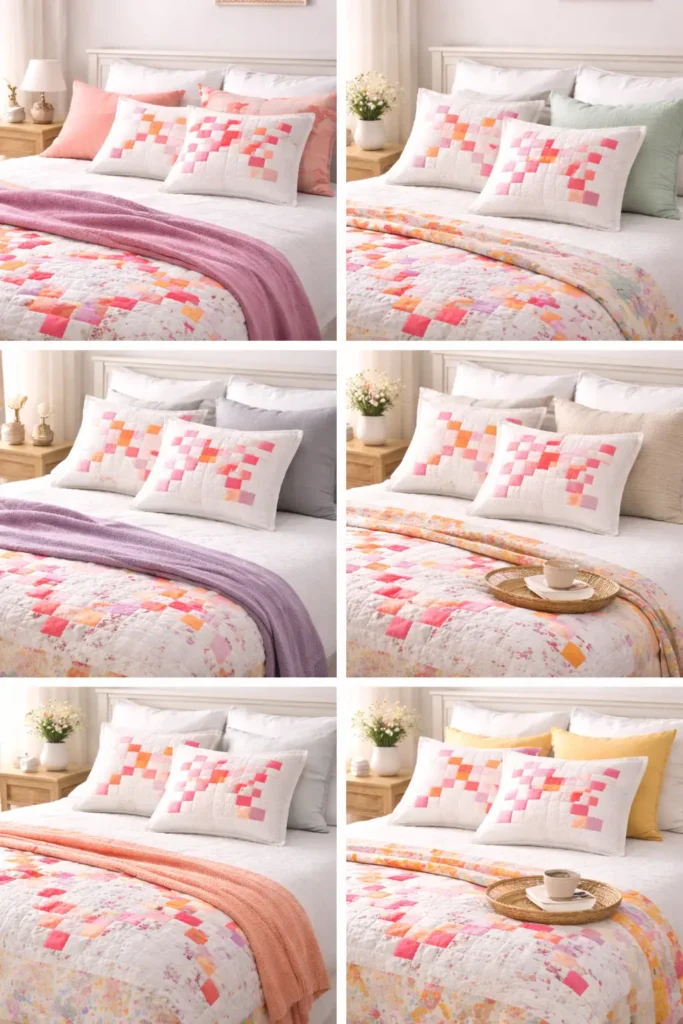 Coordinating Irish Chain Shams and Cushions for a Polished Bedroom Look