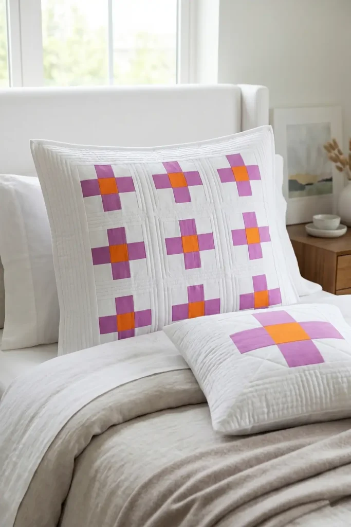 Coordinating Irish Chain Shams and Cushions for a Polished Bedroom Look
