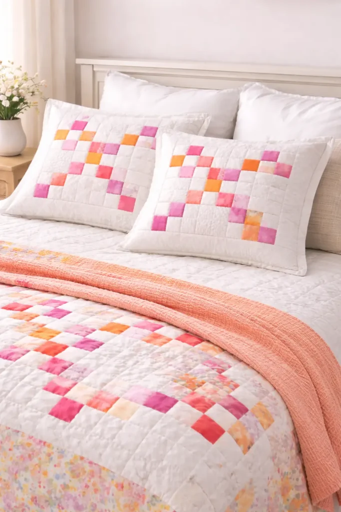 Coordinating Irish Chain Shams and Cushions for a Polished Bedroom Look