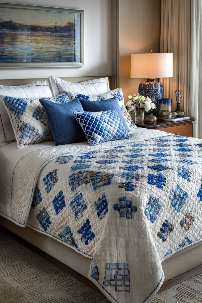 Coordinating Irish Chain Shams and Cushions for a Polished Bedroom Look