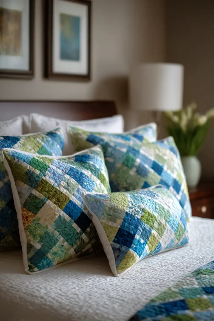 Coordinating Irish Chain Shams and Cushions for a Polished Bedroom Look