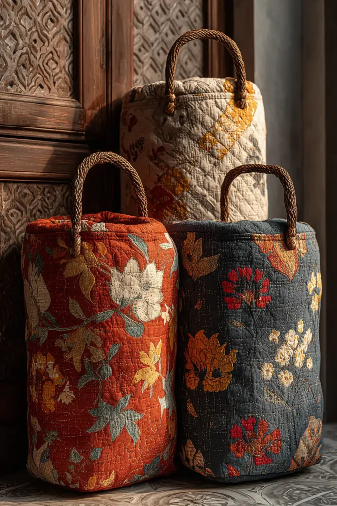 Hanging Reversible Kantha Stitch Laundry Hampers for Closet Organization