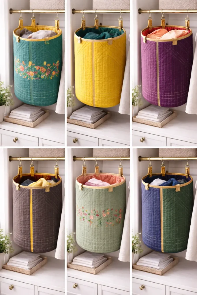 Hanging Reversible Kantha Stitch Laundry Hampers for Closet Organization