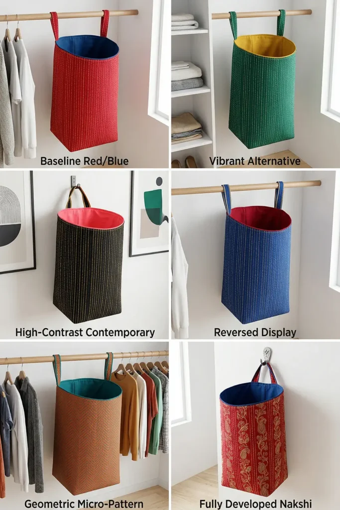 Hanging Reversible Kantha Stitch Laundry Hampers for Closet Organization