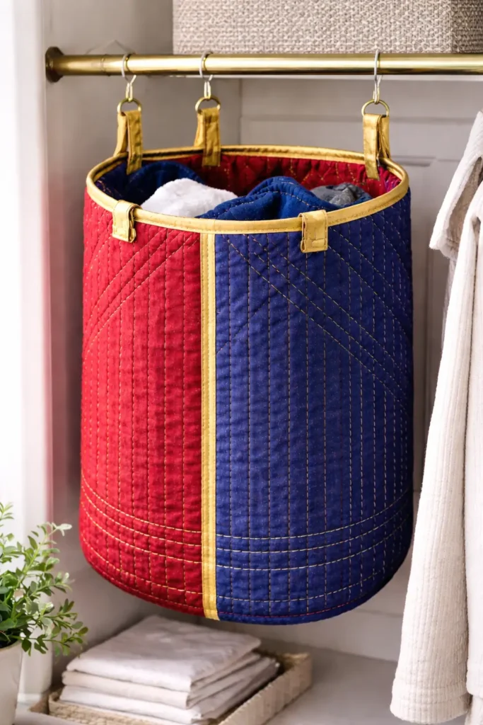 Hanging Reversible Kantha Stitch Laundry Hampers for Closet Organization