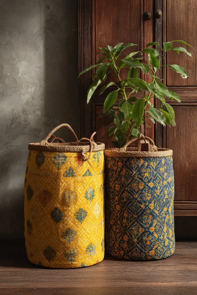 Hanging Reversible Kantha Stitch Laundry Hampers for Closet Organization