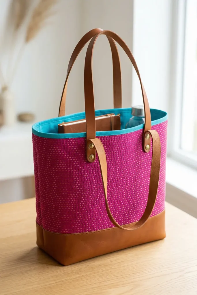 Leather Accent Nakshi Kantha Tote Bags for Elevated Sophistication