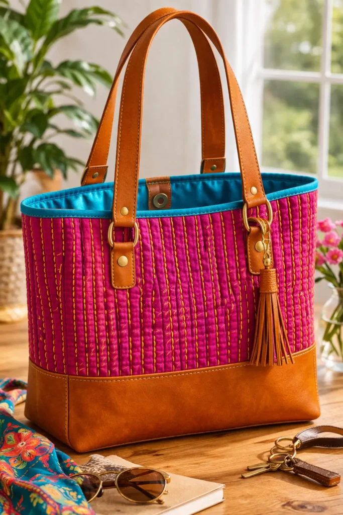 Leather Accent Nakshi Kantha Tote Bags for Elevated Sophistication