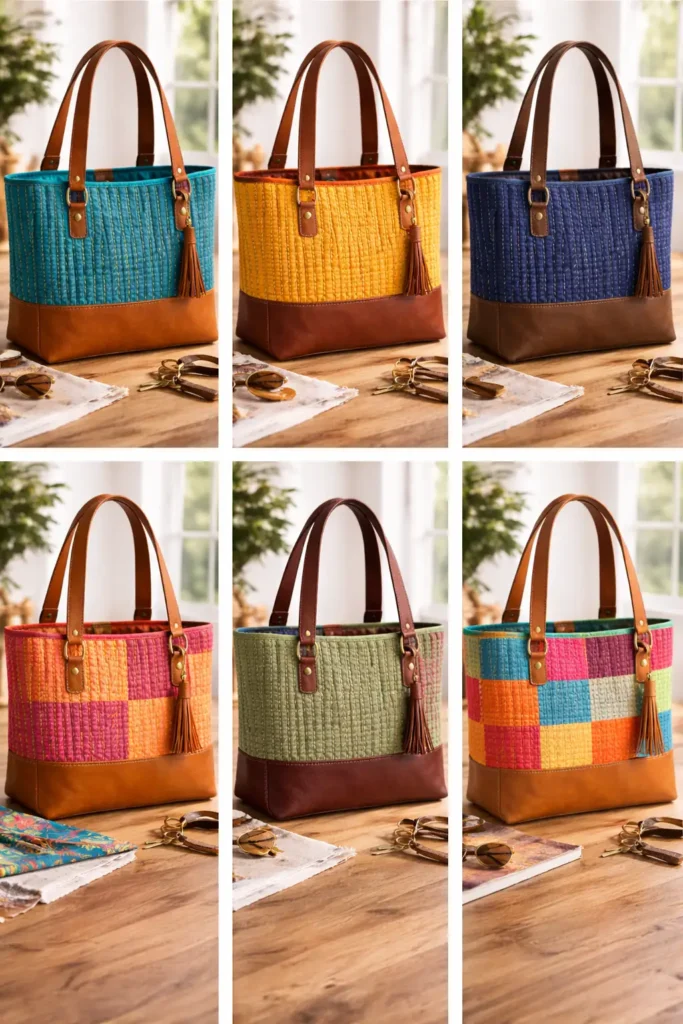 Leather Accent Nakshi Kantha Tote Bags for Elevated Sophistication