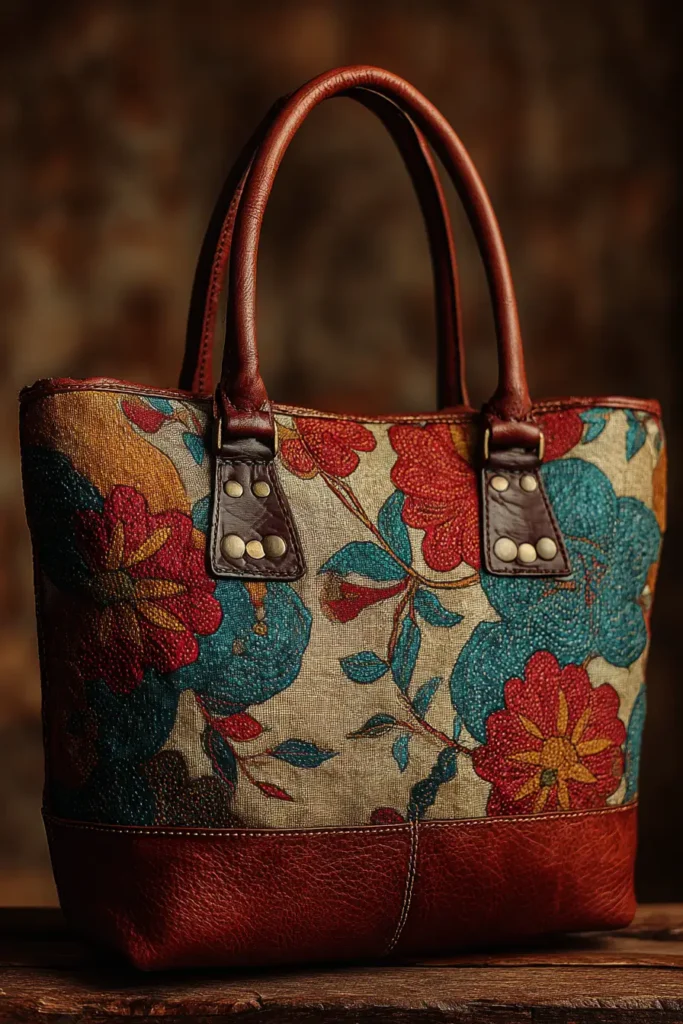 Leather Accent Nakshi Kantha Tote Bags for Elevated Sophistication