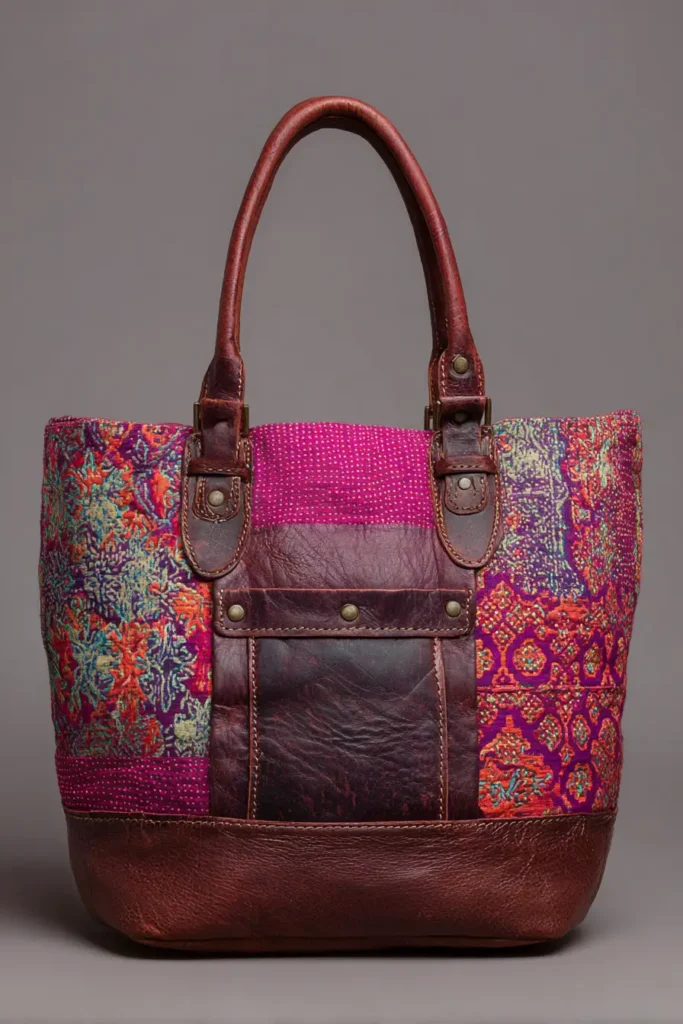 Leather Accent Nakshi Kantha Tote Bags for Elevated Sophistication