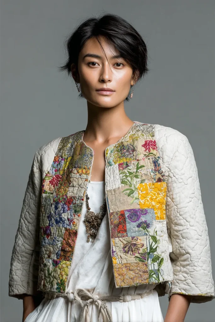 Cropped Patchwork Quilted Tops with Traditional Japanese Motifs