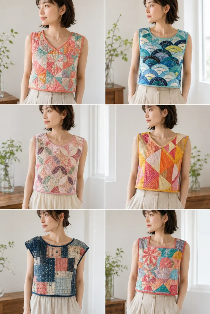 Cropped Patchwork Quilted Tops with Traditional Japanese Motifs