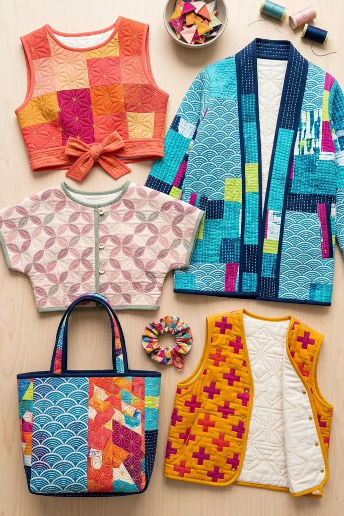Cropped Patchwork Quilted Tops with Traditional Japanese Motifs