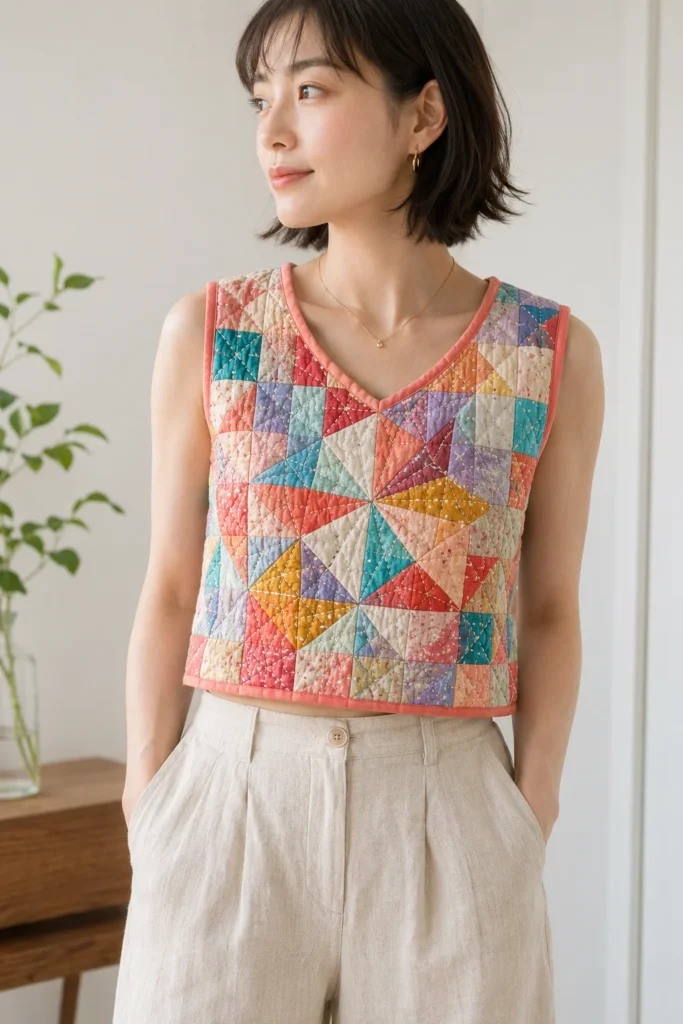 Cropped Patchwork Quilted Tops with Traditional Japanese Motifs