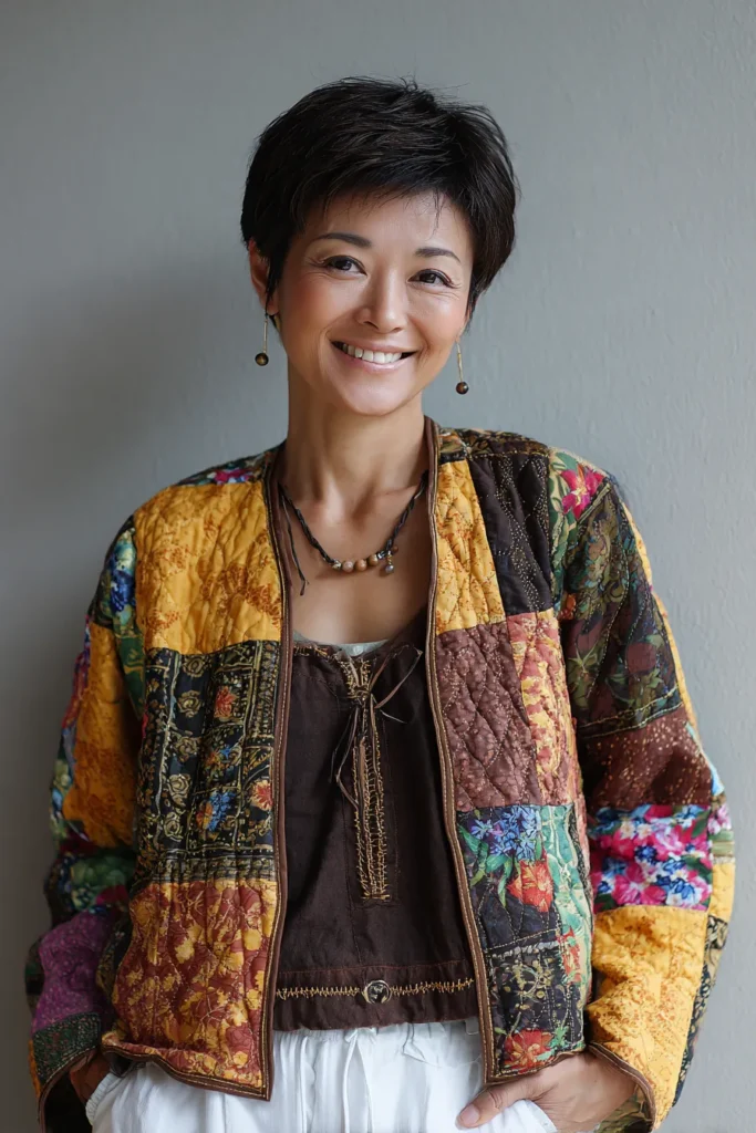 Cropped Patchwork Quilted Tops with Traditional Japanese Motifs