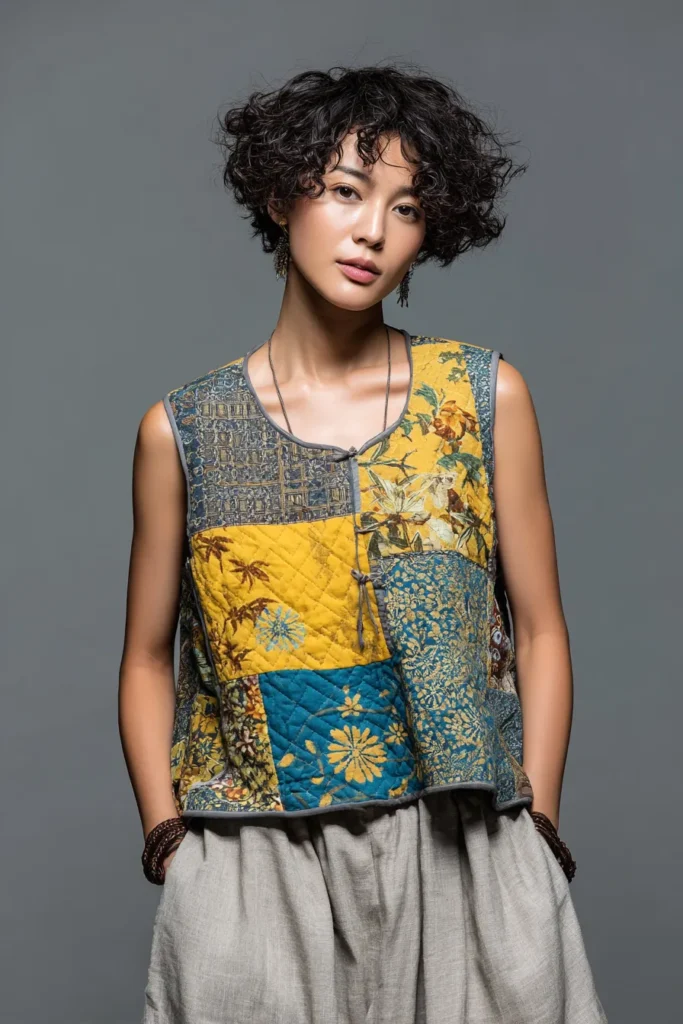 Cropped Patchwork Quilted Tops with Traditional Japanese Motifs