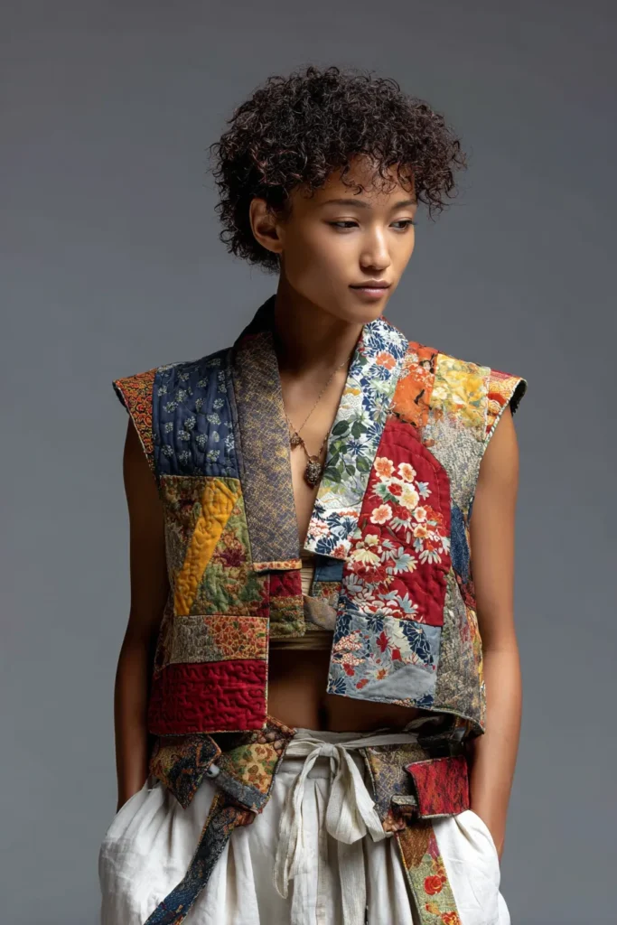 Cropped Patchwork Quilted Tops with Traditional Japanese Motifs