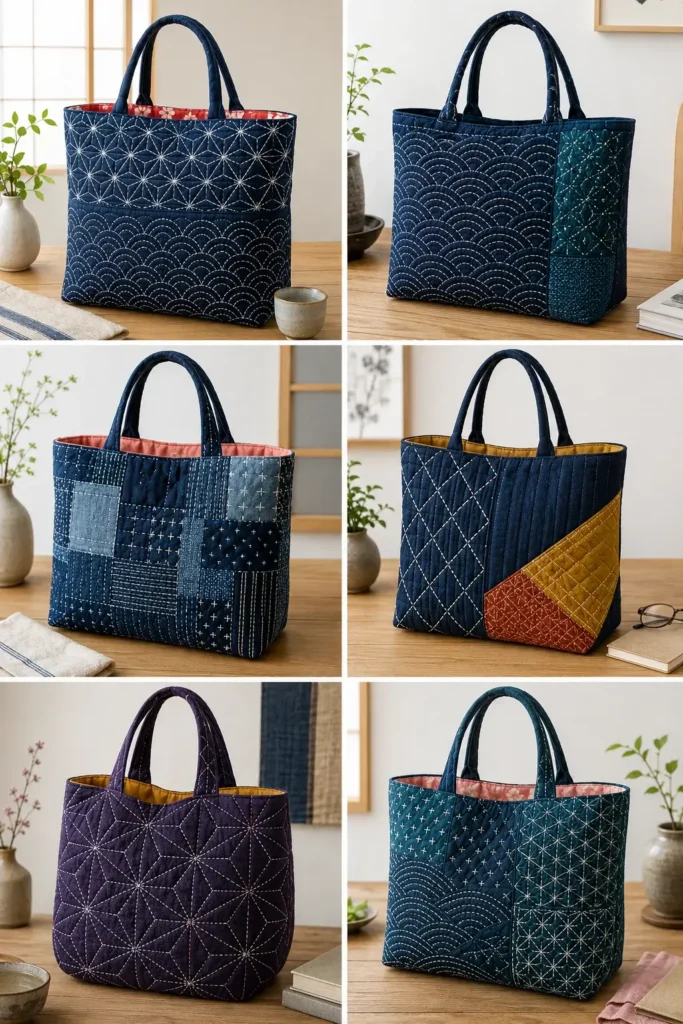 Elegant Sashiko Stitched Japanese Quilt Tote Bags for Everyday Carry