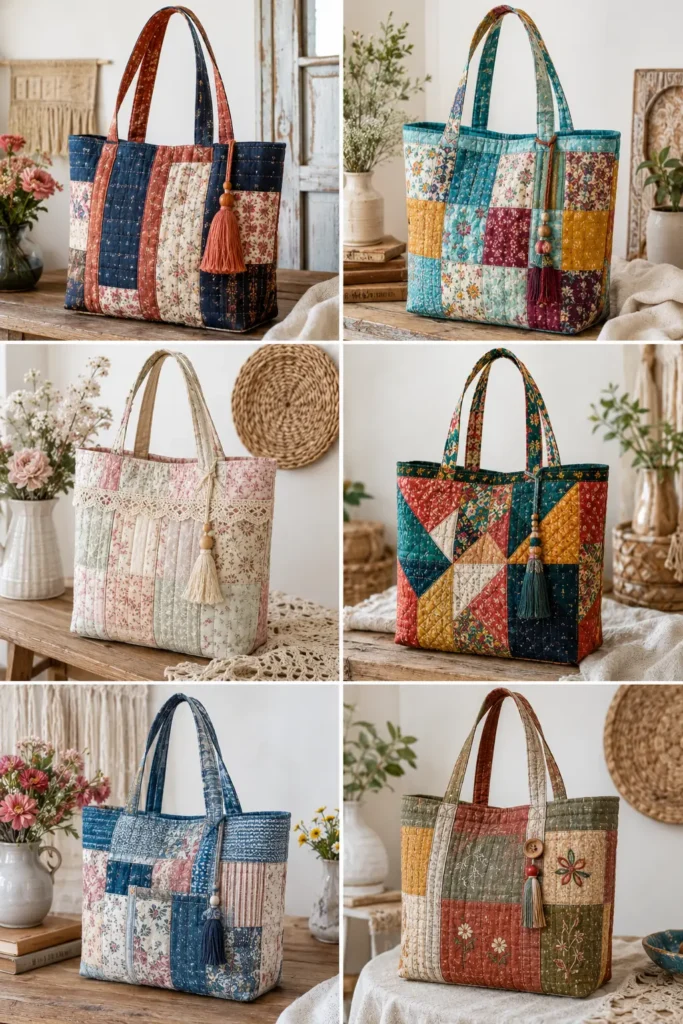 Elegant Vintage Patchwork Boho Quilt Tote Bags for Everyday Sophistication