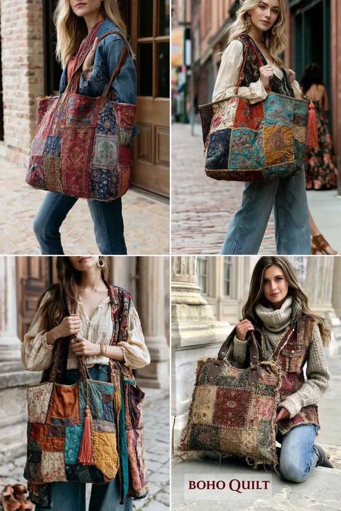 Elegant Vintage Patchwork Boho Quilt Tote Bags for Everyday Sophistication