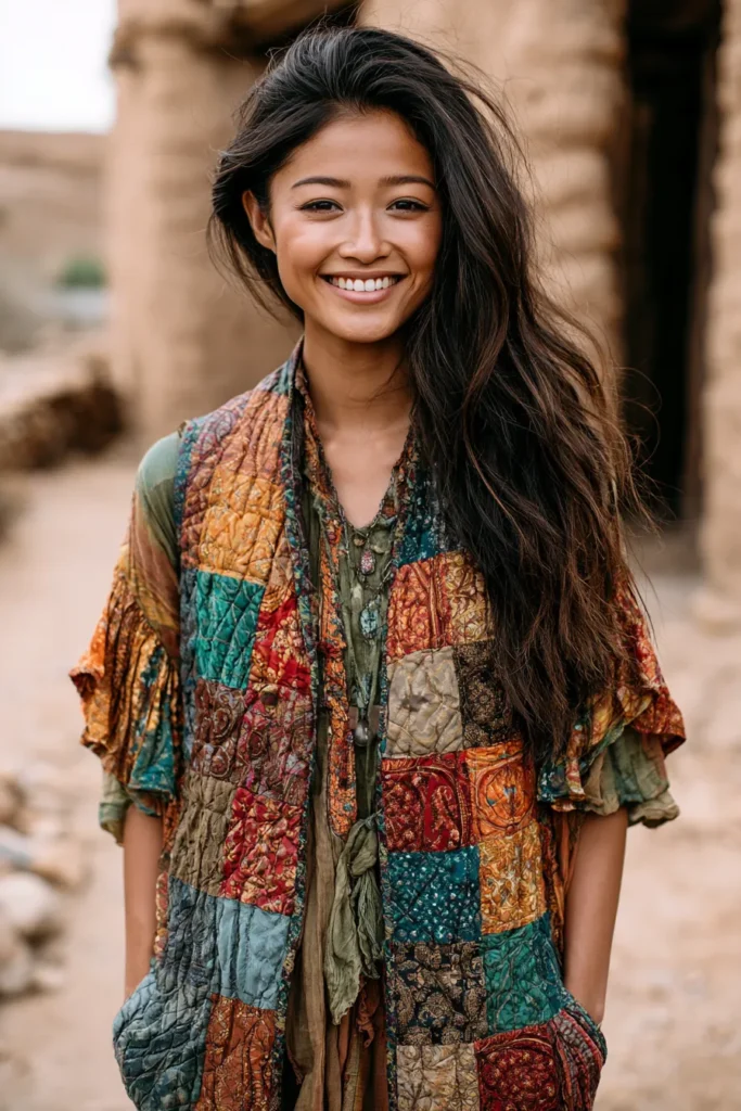 Flutter Sleeve Patchwork Boho Quilt Tops for Elegant Everyday Wear