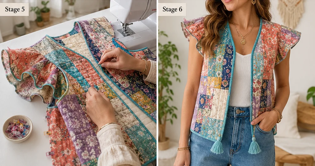 Flutter Sleeve Patchwork Boho Quilt Tops for Elegant Everyday Wear