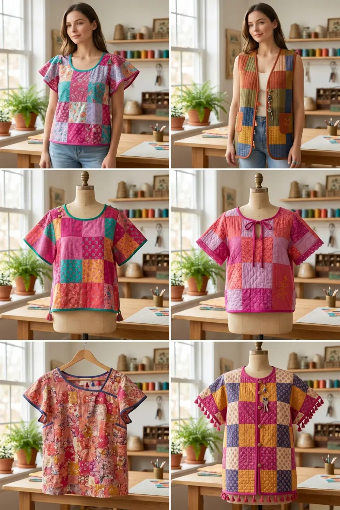 Flutter Sleeve Patchwork Boho Quilt Tops for Elegant Everyday Wear