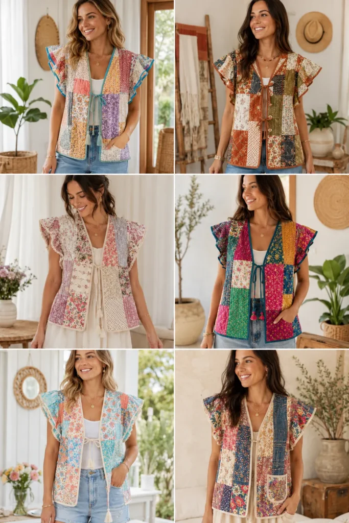 Flutter Sleeve Patchwork Boho Quilt Tops for Elegant Everyday Wear