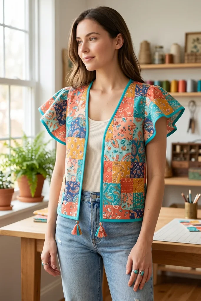 Flutter Sleeve Patchwork Boho Quilt Tops for Elegant Everyday Wear