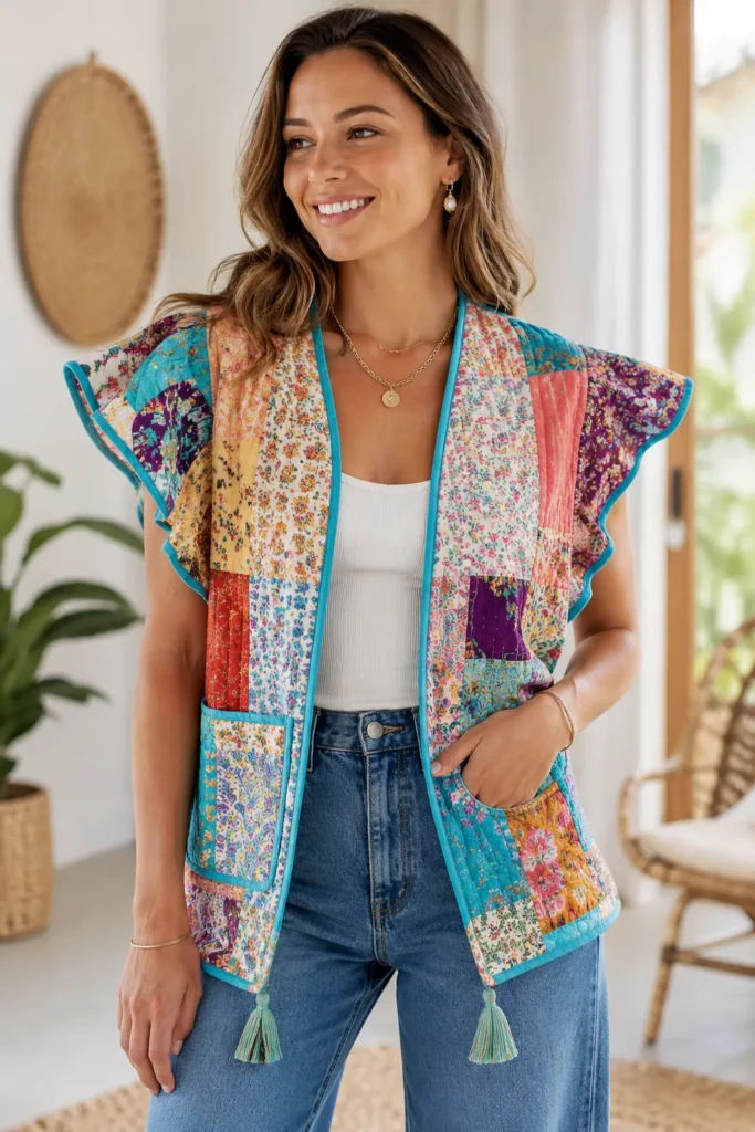 Flutter Sleeve Patchwork Boho Quilt Tops for Elegant Everyday Wear