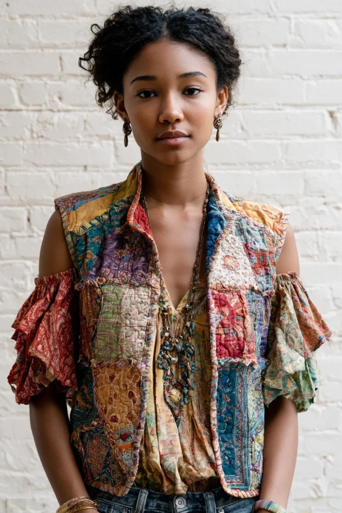 Flutter Sleeve Patchwork Boho Quilt Tops for Elegant Everyday Wear