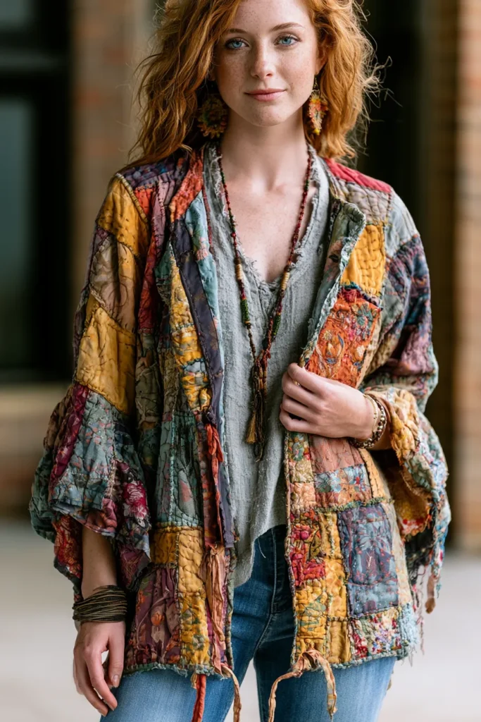 Flutter Sleeve Patchwork Boho Quilt Tops for Elegant Everyday Wear