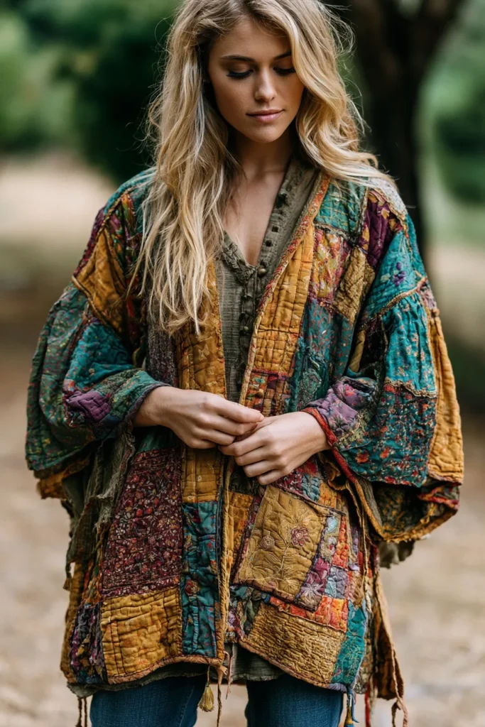 Flutter Sleeve Patchwork Boho Quilt Tops for Elegant Everyday Wear