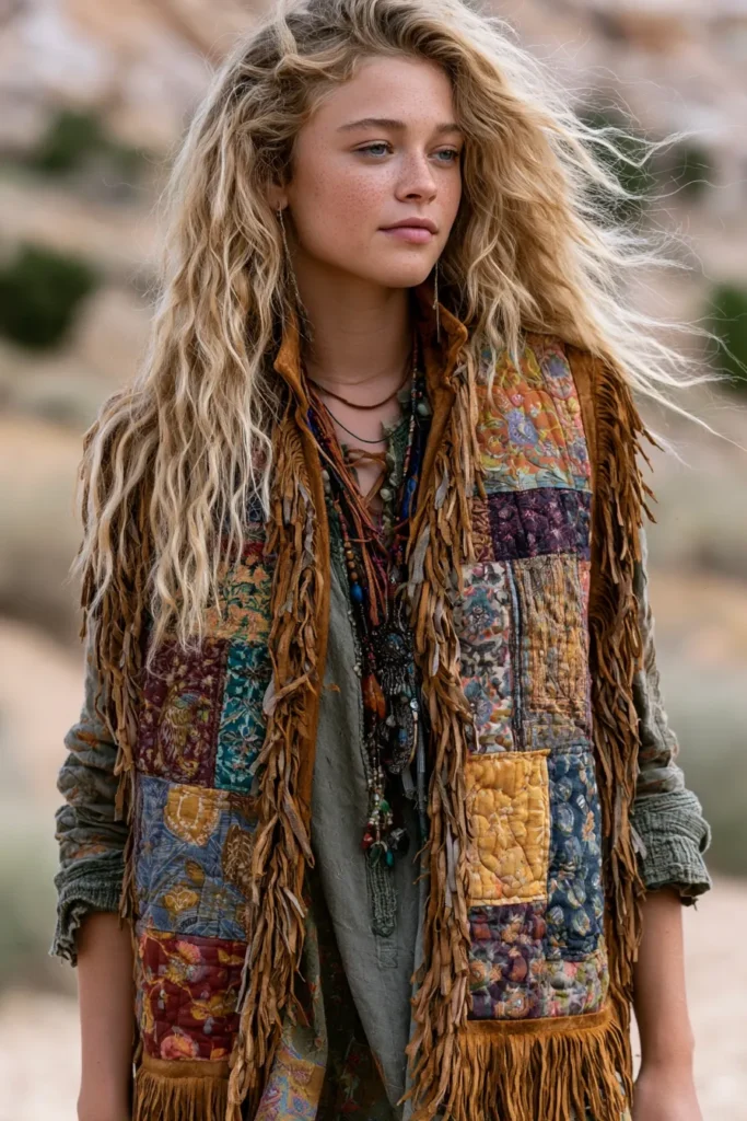 Fringed Suede Trim Boho Quilt Vests for Cozy Layered Looks