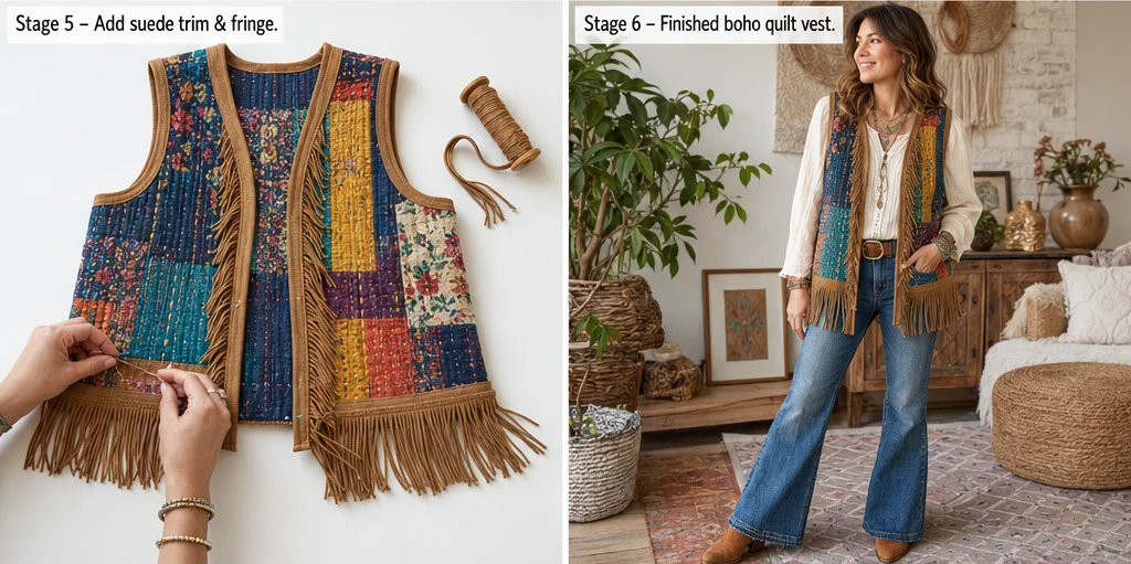 Fringed Suede Trim Boho Quilt Vests for Cozy Layered Looks