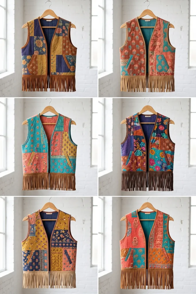 Fringed Suede Trim Boho Quilt Vests for Cozy Layered Looks