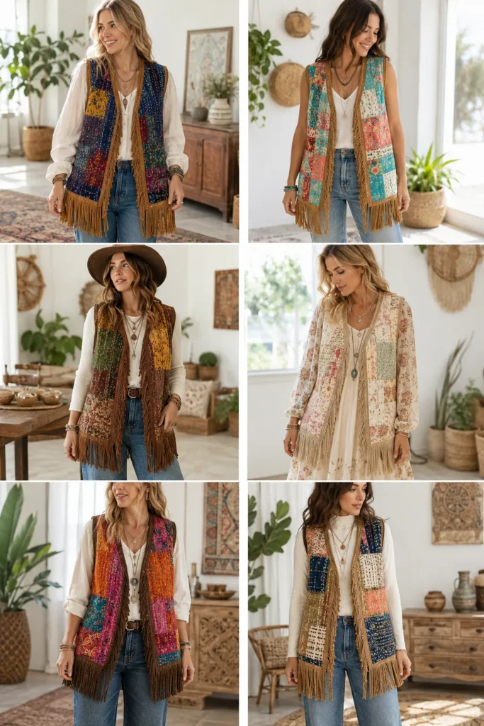 Fringed Suede Trim Boho Quilt Vests for Cozy Layered Looks