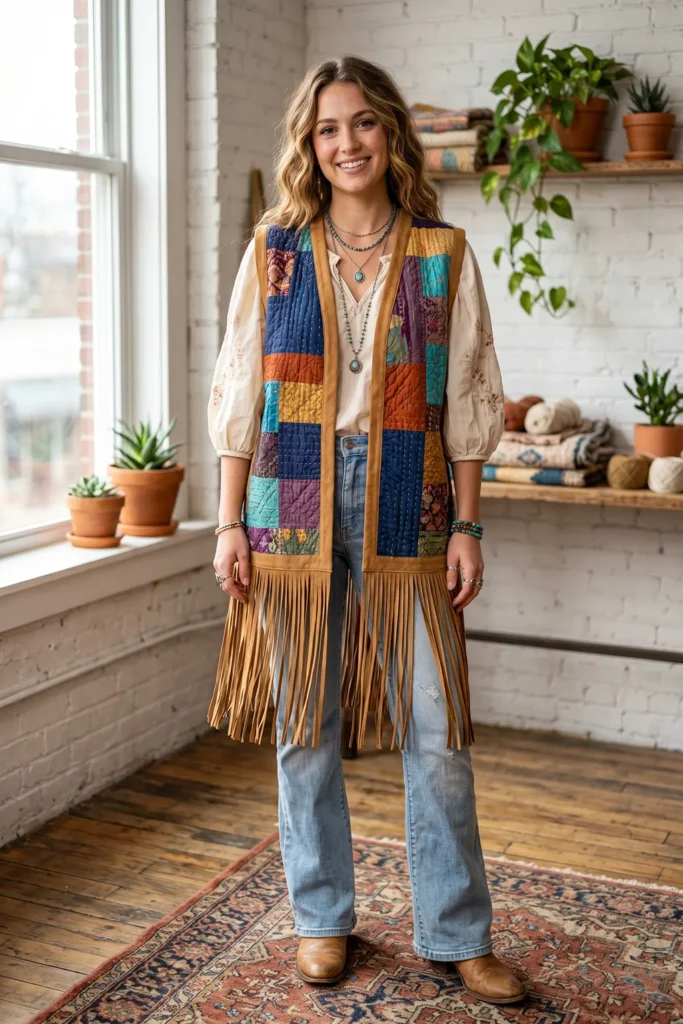 Fringed Suede Trim Boho Quilt Vests for Cozy Layered Looks