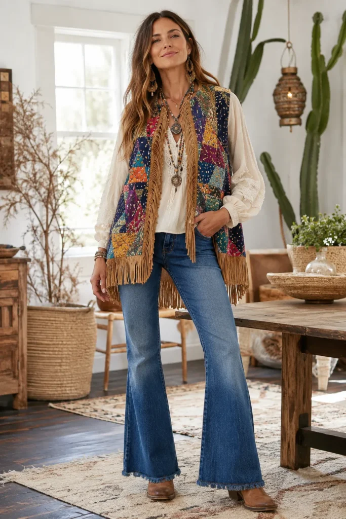 Fringed Suede Trim Boho Quilt Vests for Cozy Layered Looks