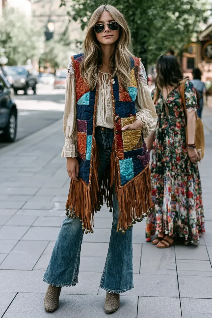 Fringed Suede Trim Boho Quilt Vests for Cozy Layered Looks
