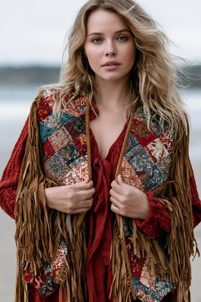 Fringed Suede Trim Boho Quilt Vests for Cozy Layered Looks