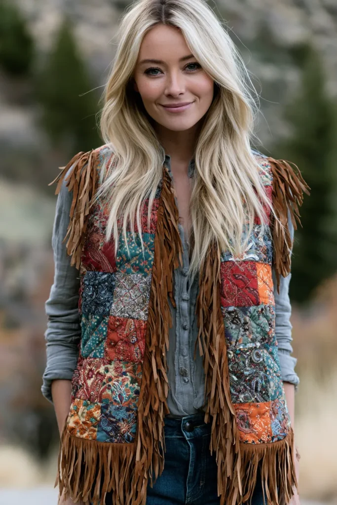 Fringed Suede Trim Boho Quilt Vests for Cozy Layered Looks
