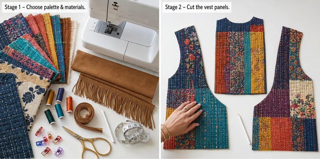Fringed Suede Trim Boho Quilt Vests for Cozy Layered Looks