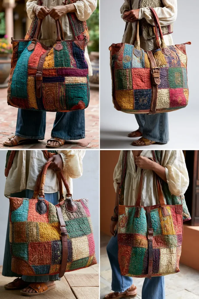 Leather Accent Kantha Stitch Boho Totes for Chic Everyday Carry