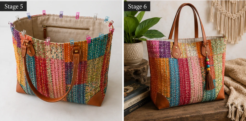 Leather Accent Kantha Stitch Boho Totes for Chic Everyday Carry
