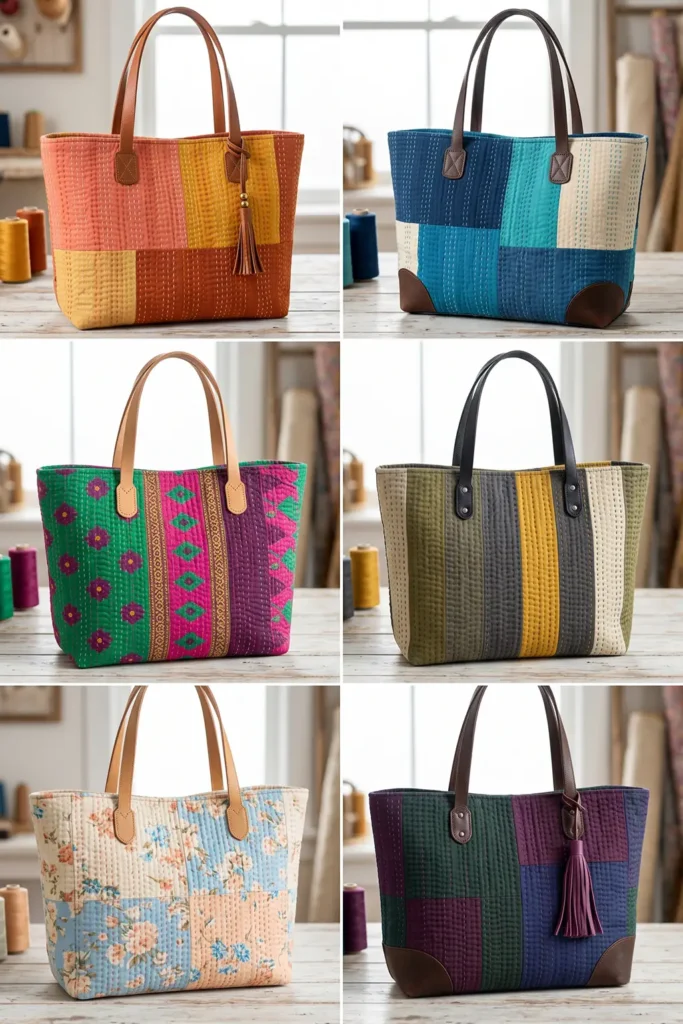 Leather Accent Kantha Stitch Boho Totes for Chic Everyday Carry