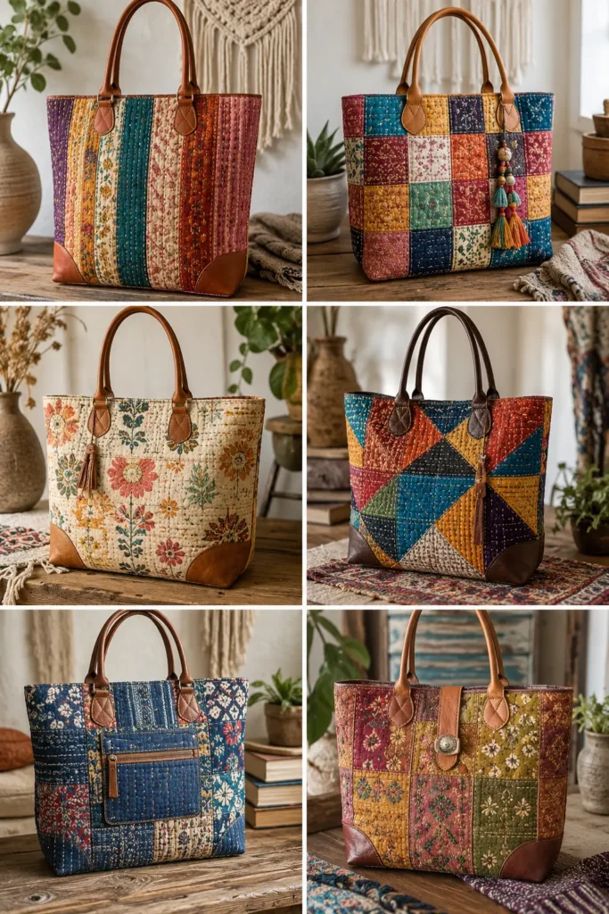Leather Accent Kantha Stitch Boho Totes for Chic Everyday Carry